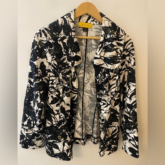 St John Black and White Floral Leaf Print Lightweight Cotton Jacket - Picture 5 of 11